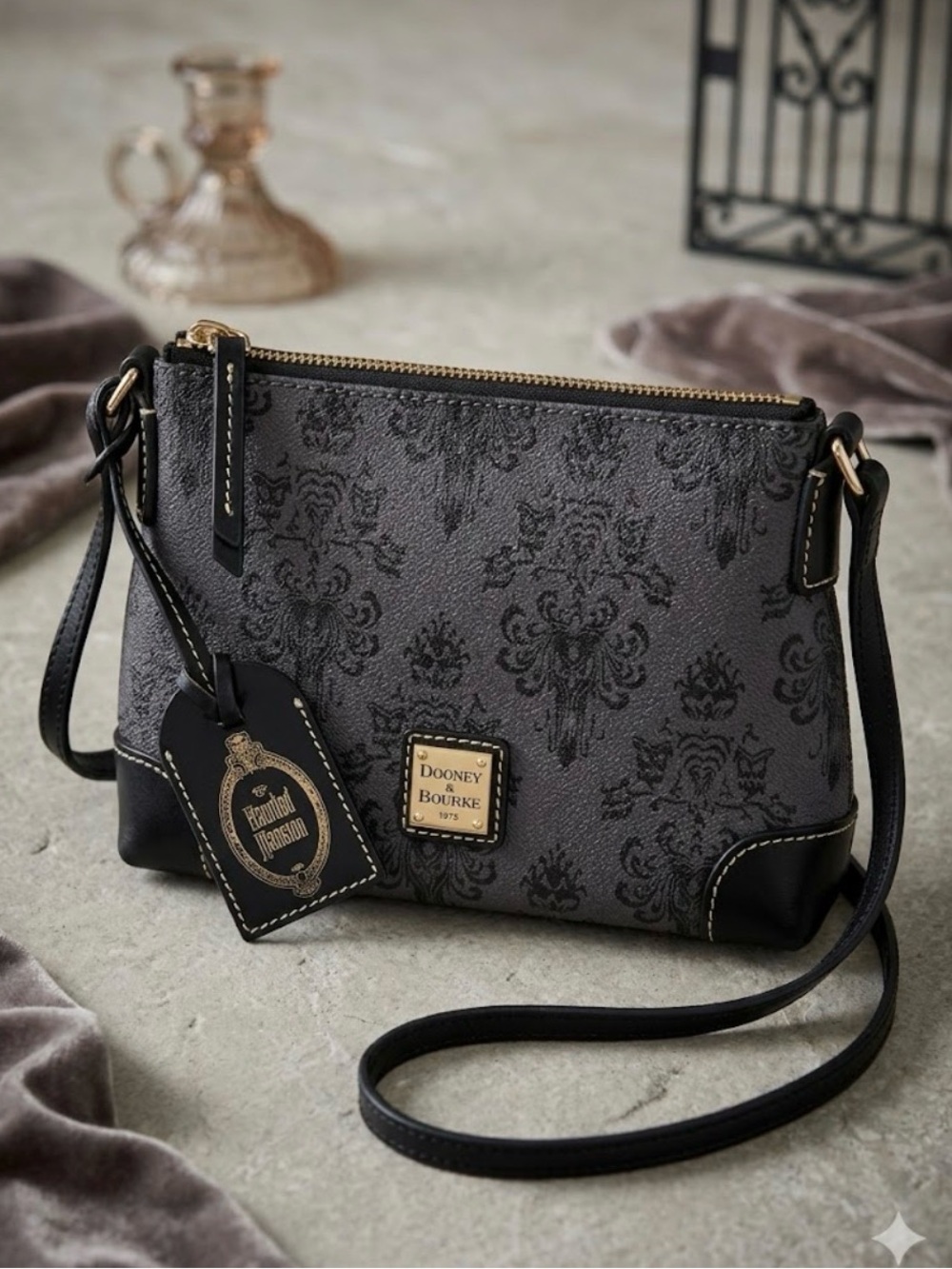 Disney Dooney & Bourke Haunted Mansion Wallpaper Crossbody Purse Bag Gray Black
